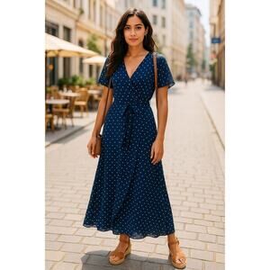 Parien House Navy Blue White Polka Dot Wrap Maxi Dress Short Sleeve Size S Small